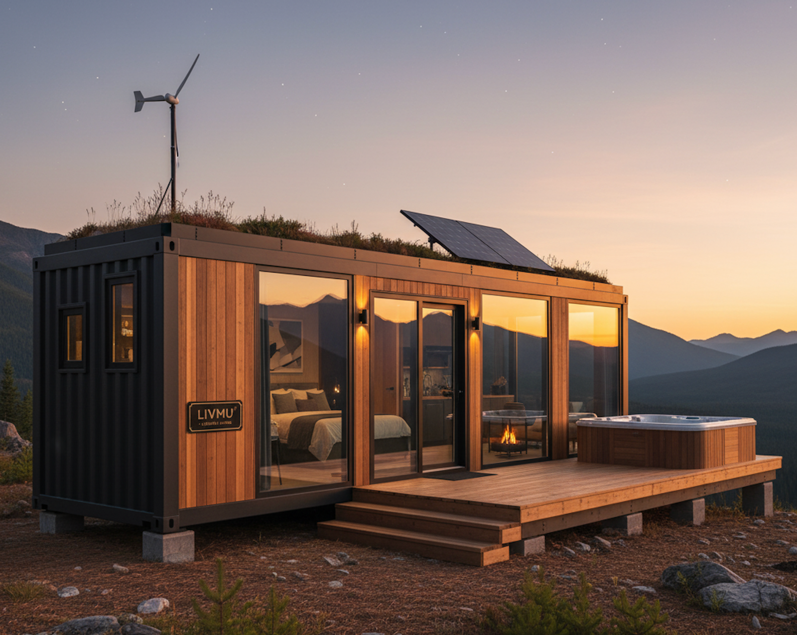 Stacked custom container complex functioning as a trendy retail and food service market. The structure features wooden decks, retractable awnings, large serving windows, and clear signage, showcasing a versatile commercial application of modular design.